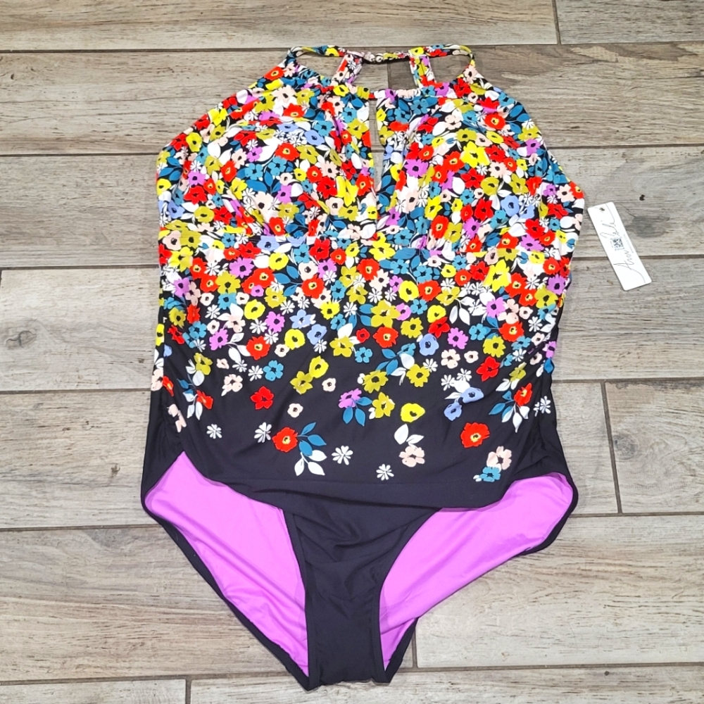 Anne Cole Ditsy Floral high neck one piece swimsuit bathing suit sz 24 W NWT